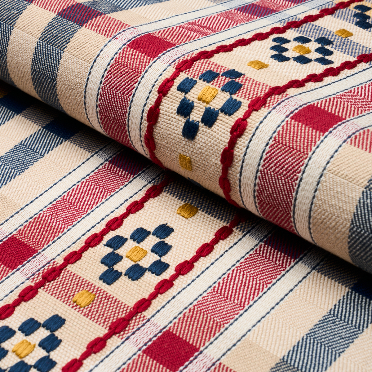 Hutton Hand Woven Check Rouge & Navy Fabrics Schumacher